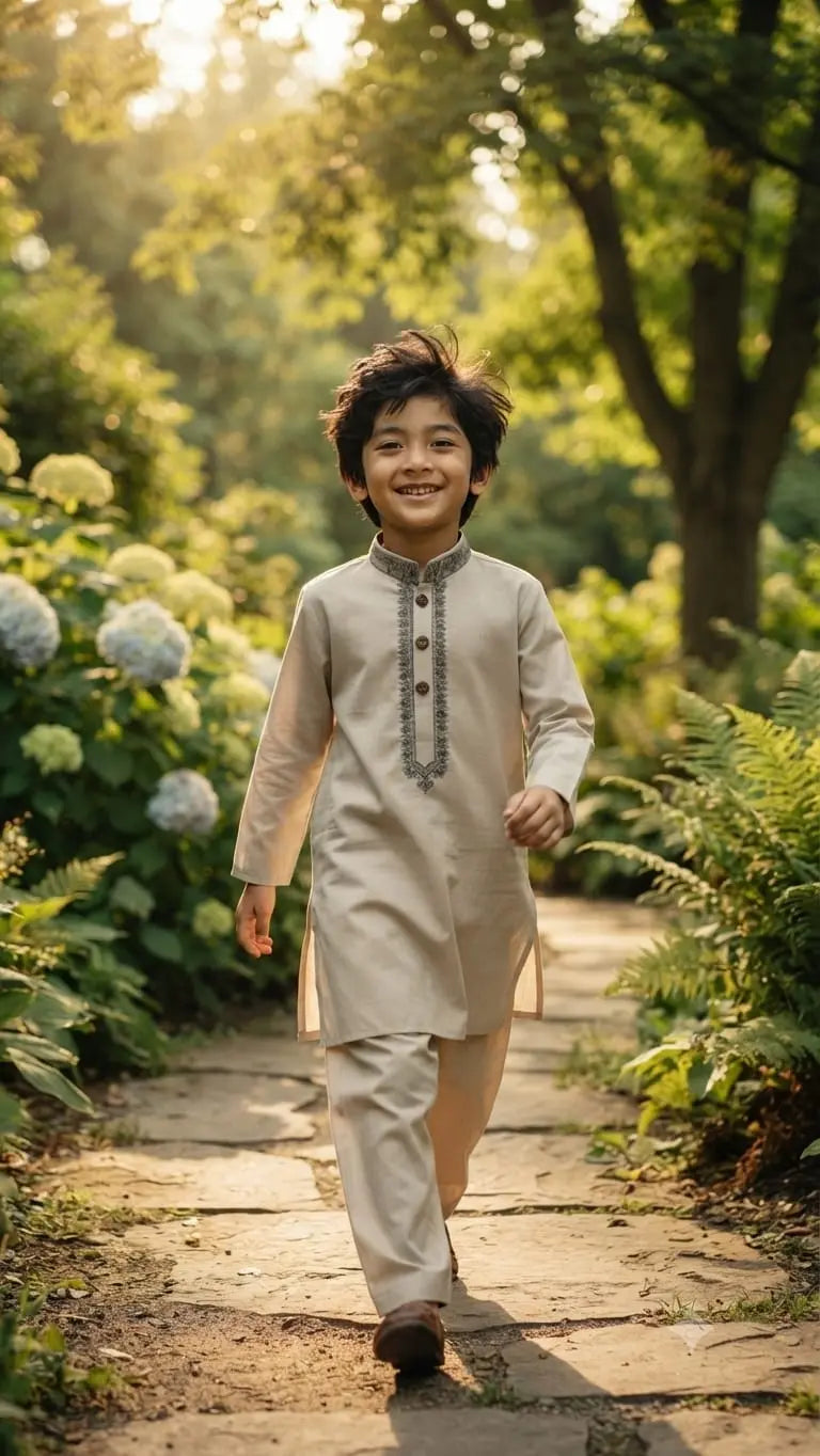 Boys Designer Embroidered Kurta Shalwar - Elegant Cream | Boys (8 Years)
