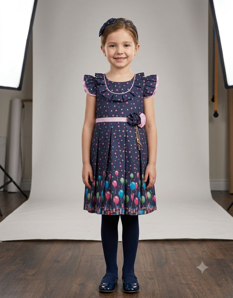 Navy Blue Polka Dot Balloon Frock by Eman Collection