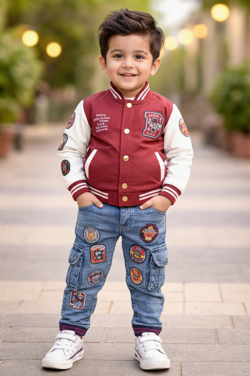 Kids Premium 3-Piece Bomber Jacket & Cargo Jeans Set - Maroon