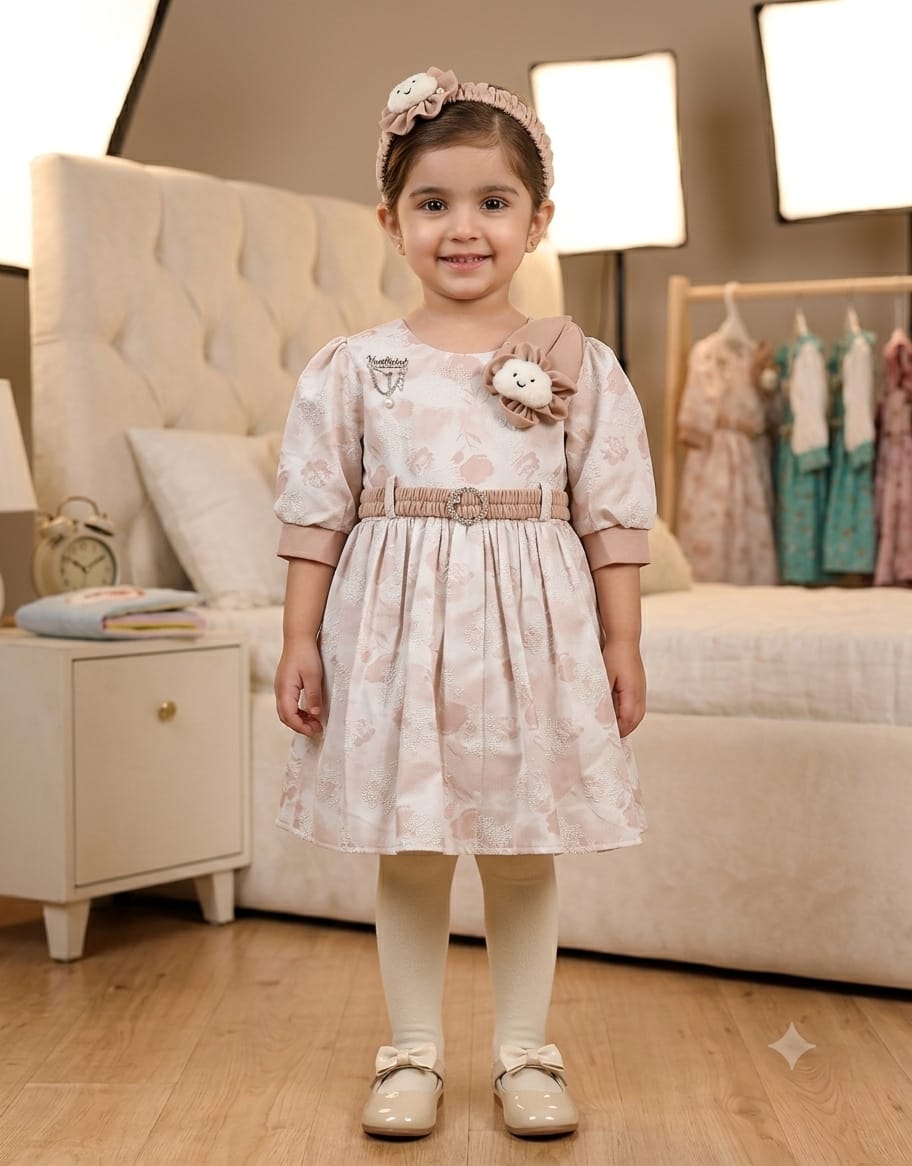 Elegant Toddler Girl Beige Floral Jacquard Dress with Headband Set