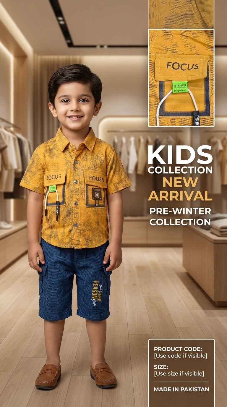 Kids Yellow Focus Print Shirt & Shorts Set | Boys Pre-Winter Wear – Eman Collections Talagang