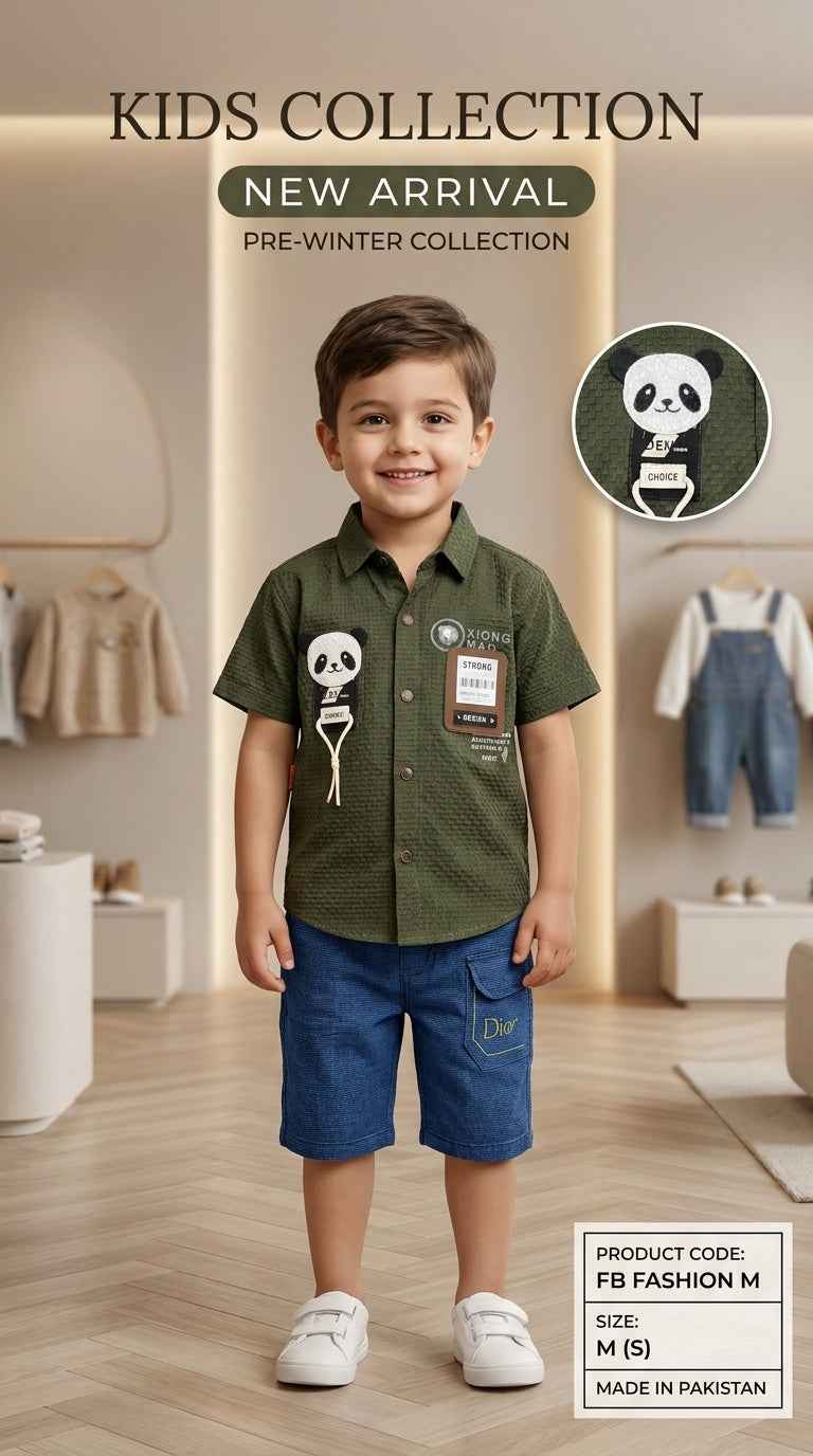 Kids Textured Shirt with Panda Badge & Shorts Set – Eman Collections Talagang