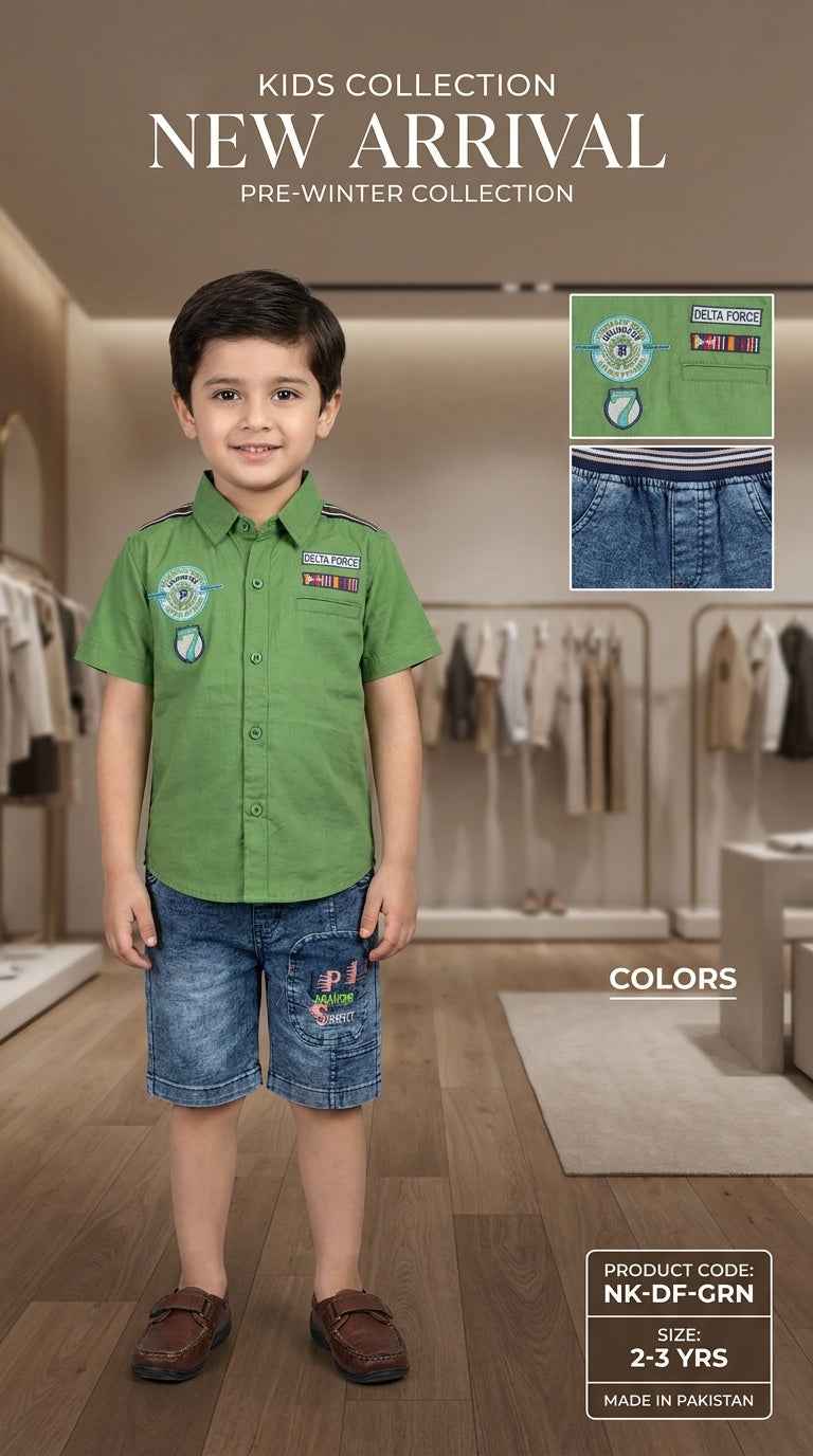Kids Green Delta Force Casual Shirt & Shorts Set | Boys Wear – Eman Collections Talagang
