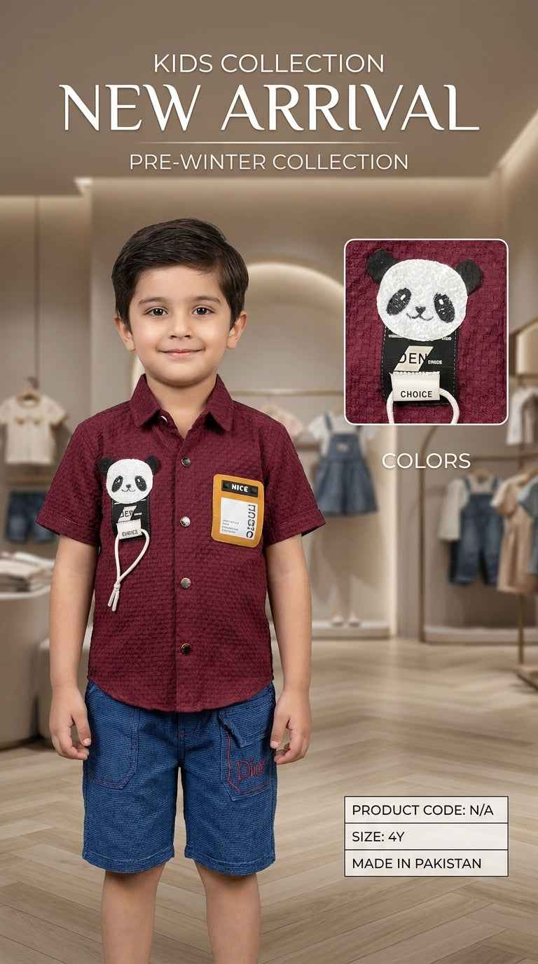 Kids Textured Shirt with Panda Badge & Shorts Set – Eman Collections Talagang