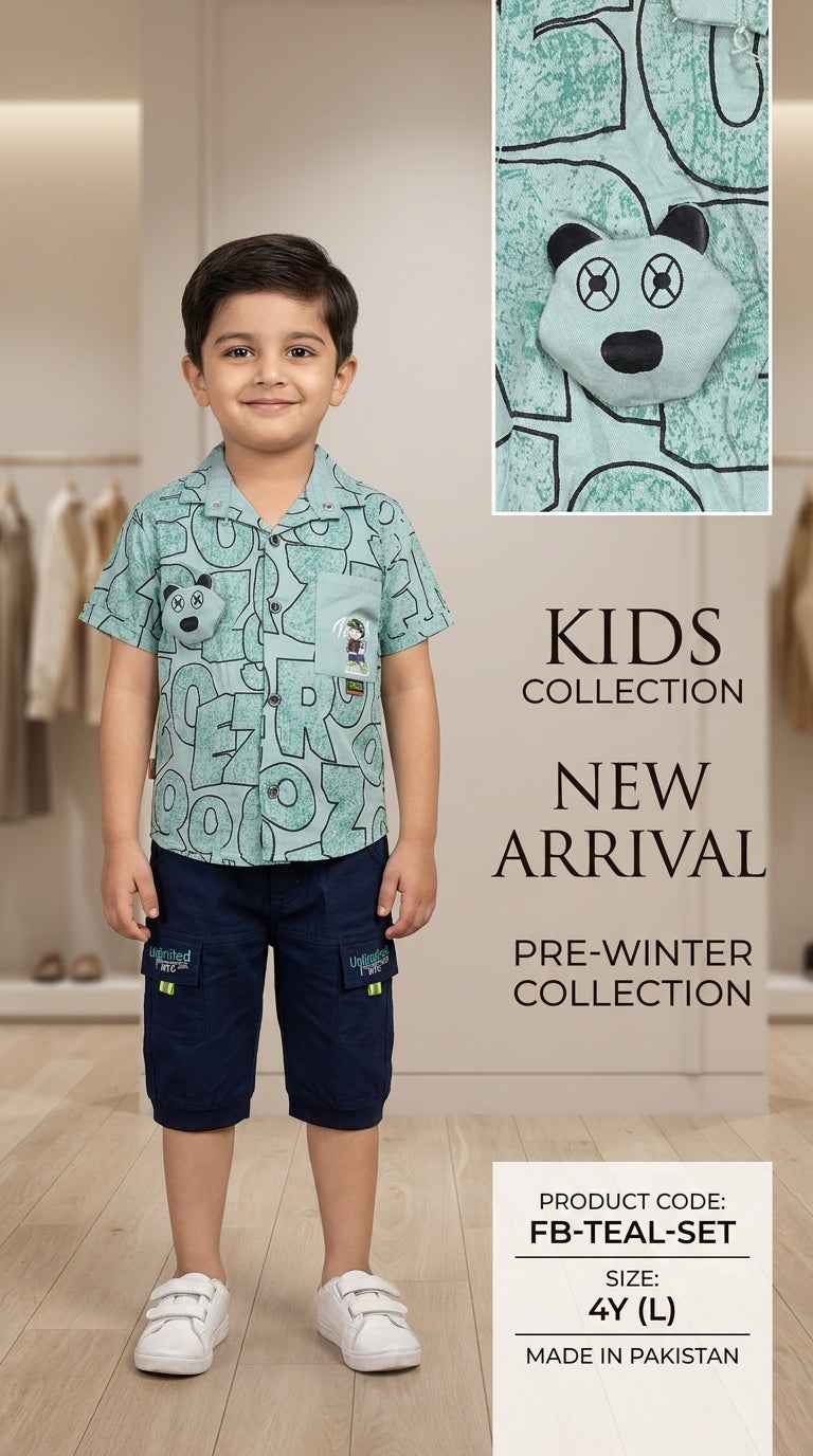 Kids Orange Typographic Print Shirt with Bear Badge Set – Eman Collections Talagang