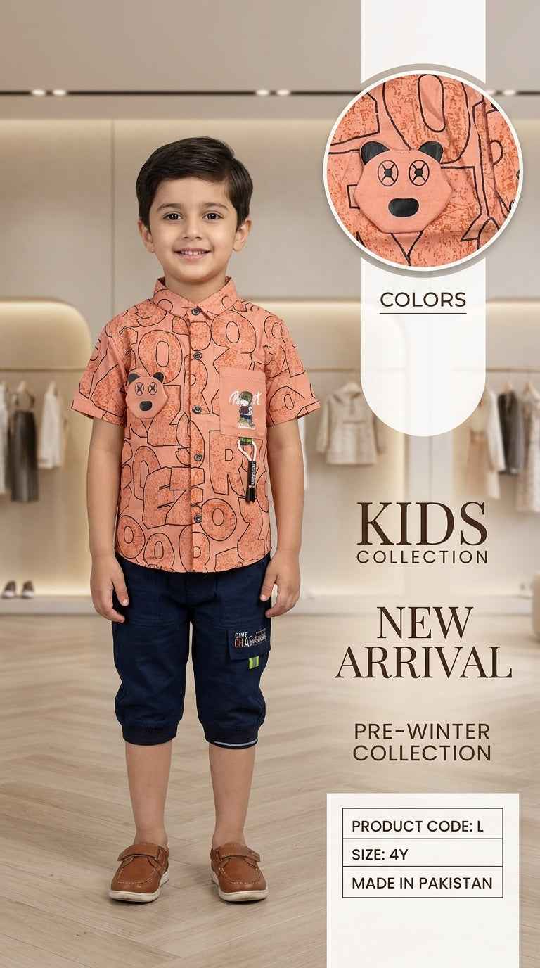 Kids Orange Typographic Print Shirt with Bear Badge Set – Eman Collections Talagang
