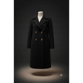 Tailored long black overcoat for women with gold-tone buttons