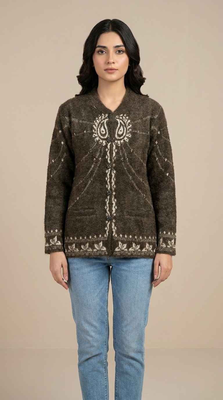 Vintage Paisley Embroidered Knit Cardigan - Olive Brown