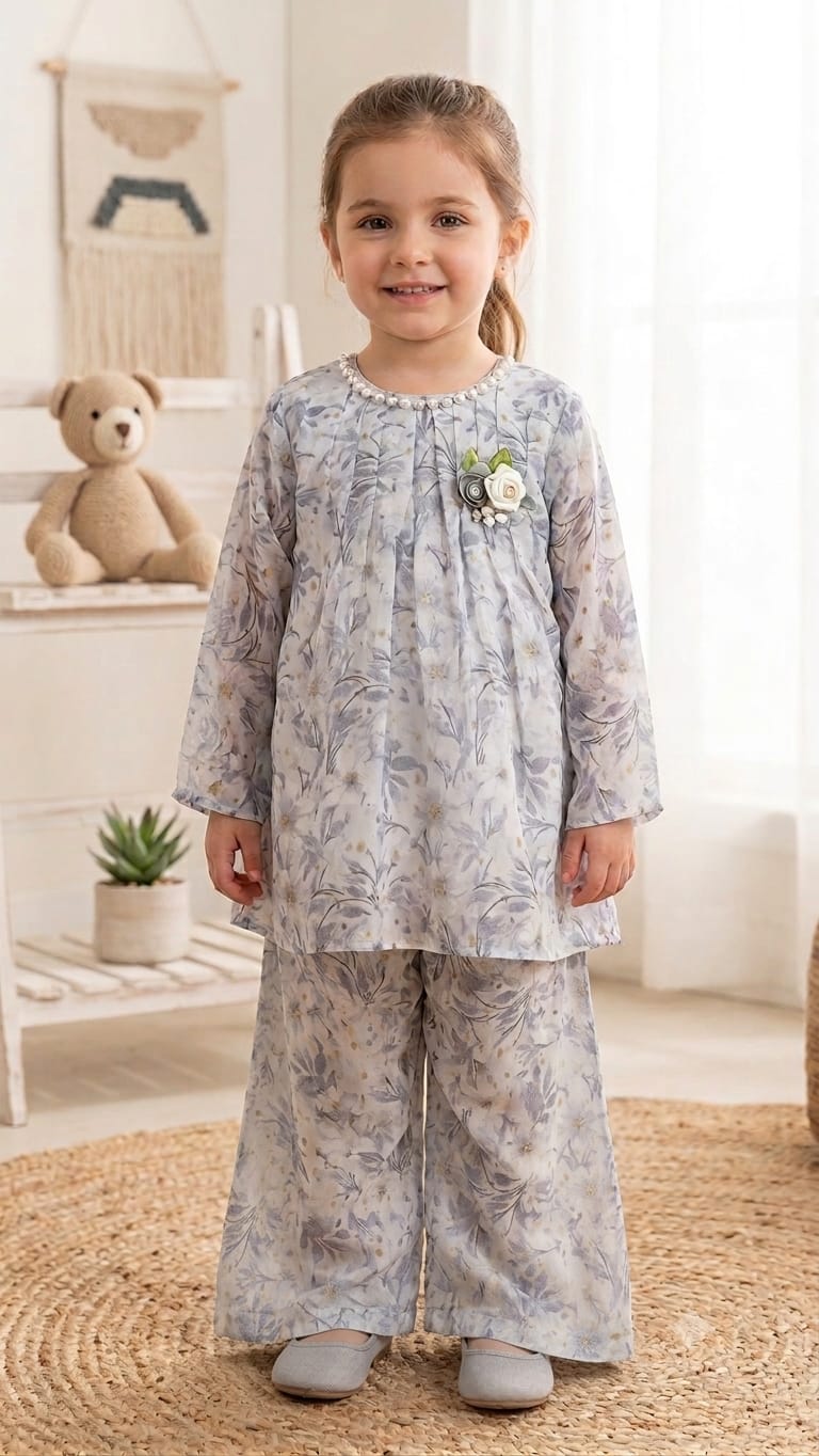 Girls Luxury Printed Chiffon Suit Grey Blue