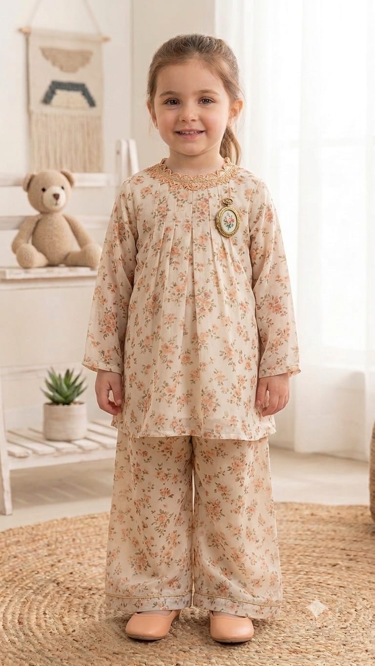 Girls Luxury Printed Chiffon Suit Peach Pink