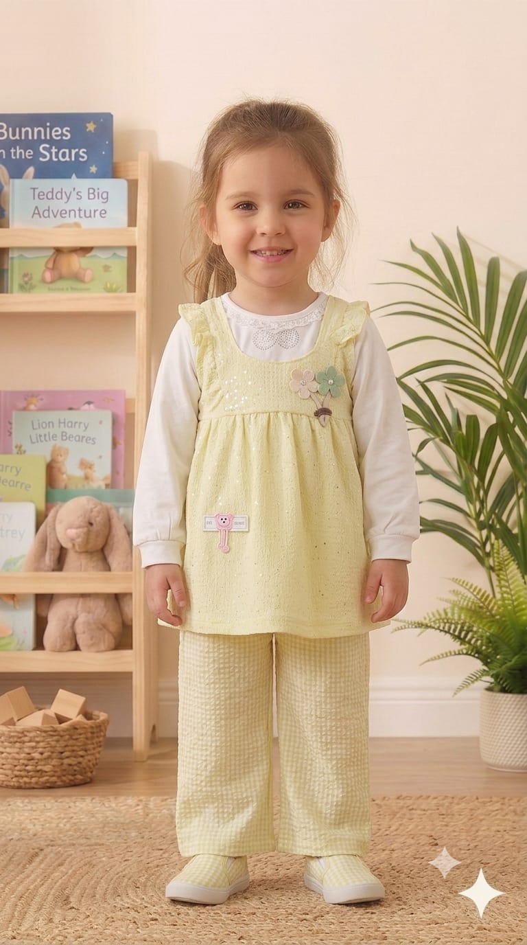 Girls Textured Smocked Flower Frock Set Pastel Yellow