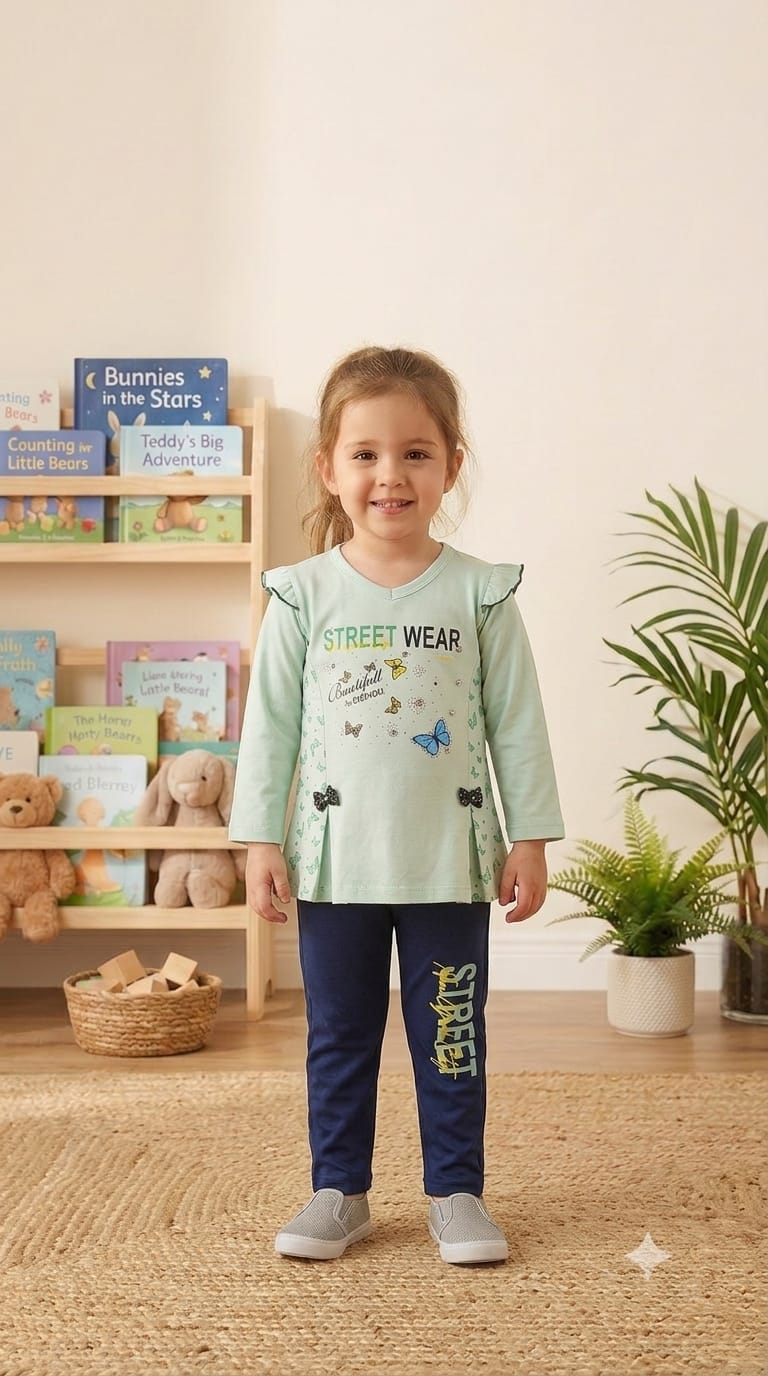 Girls Streetwear Butterfly Ruffle Tunic Set Mint Navy
