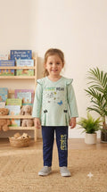 Girls Streetwear Butterfly Ruffle Tunic Set Mint Navy