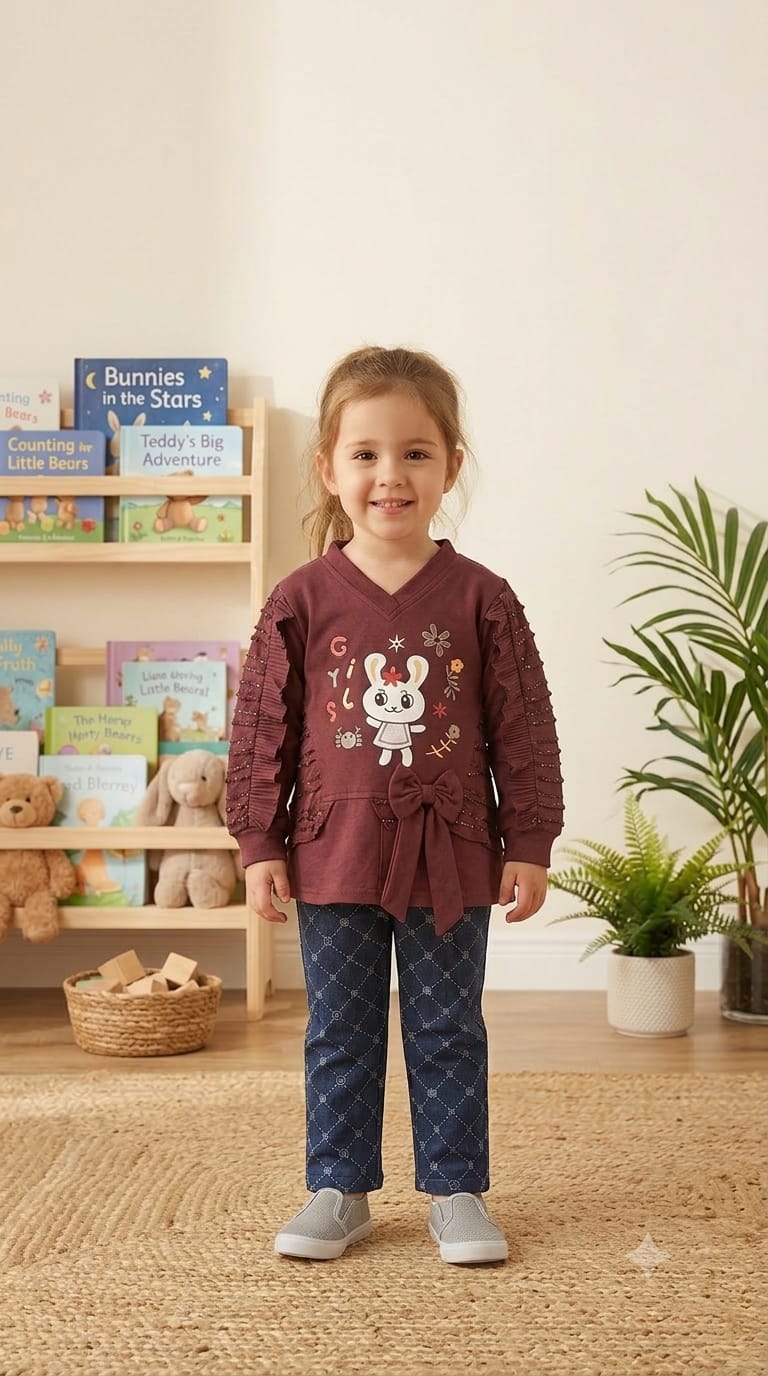 Girls Bunny Graphic Ruffle Sleeve Bow Set Deep Maroon