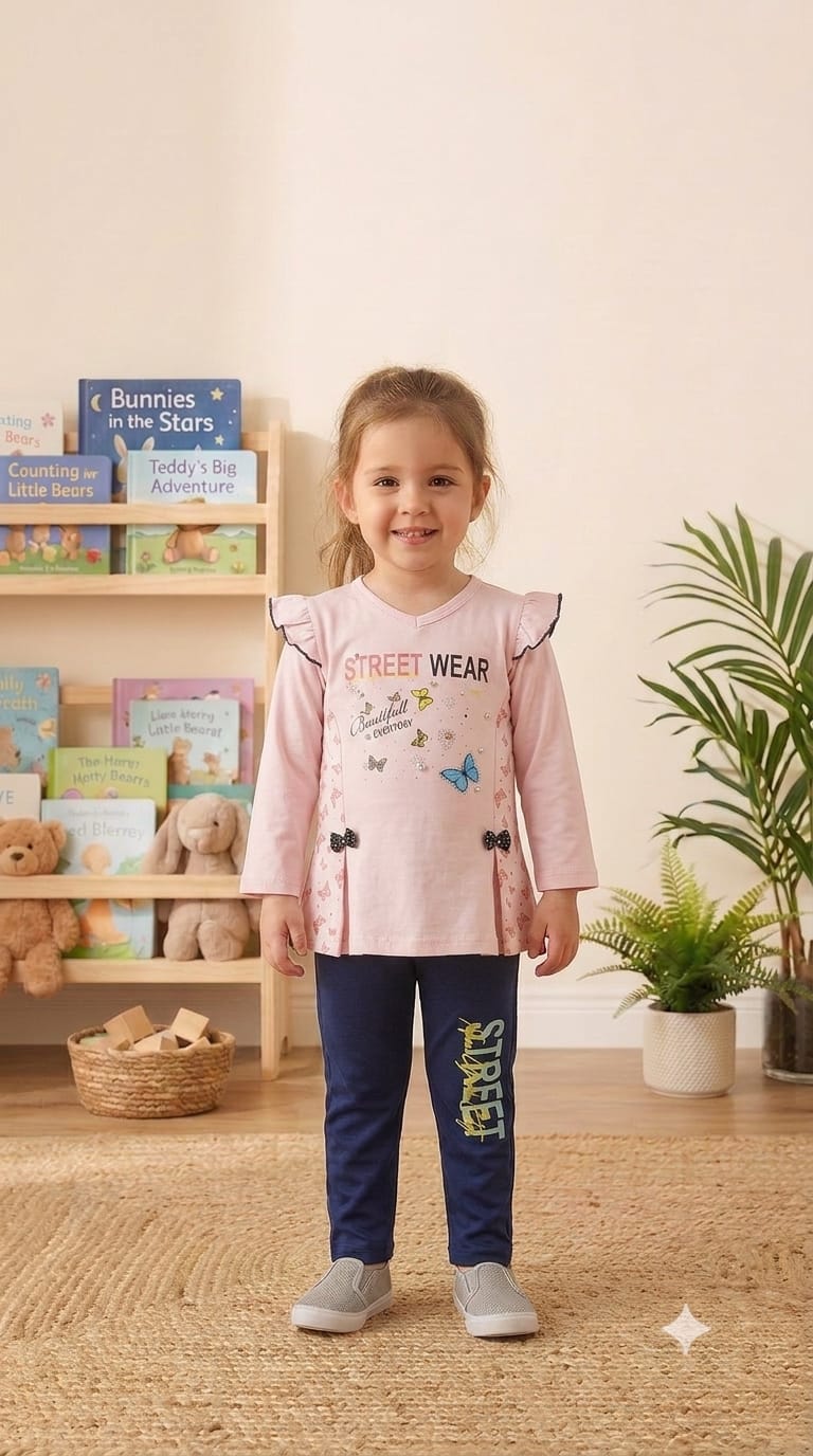 Girls Streetwear Butterfly Ruffle Tunic Set Lilac Charcoal