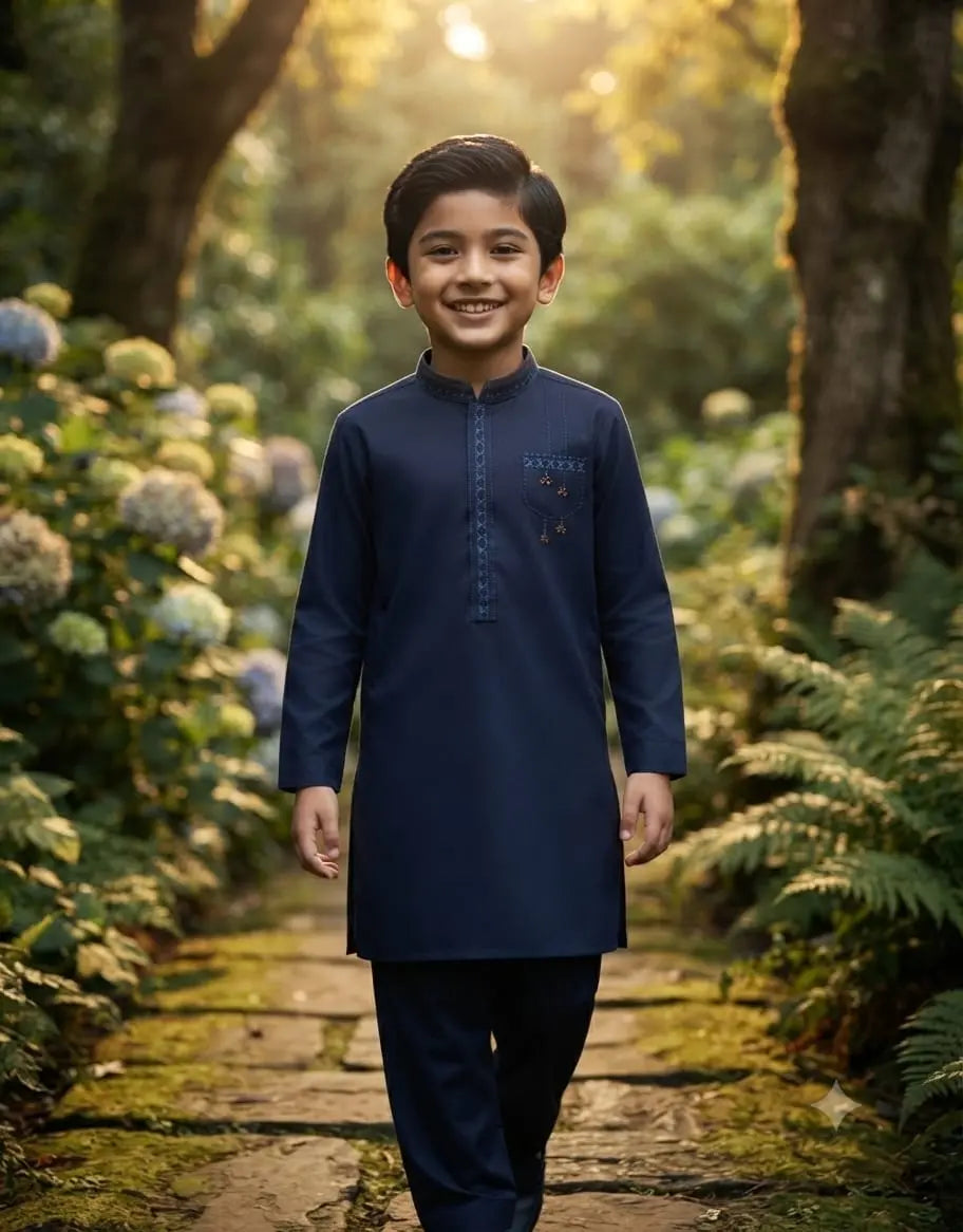 Boys Designer Embroidered Kurta Shalwar - Navy Blue | Boys (8 Years)