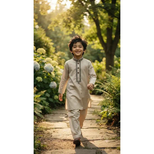 Boys Designer Embroidered Kurta Shalwar - Elegant Cream | Boys (8 Years)