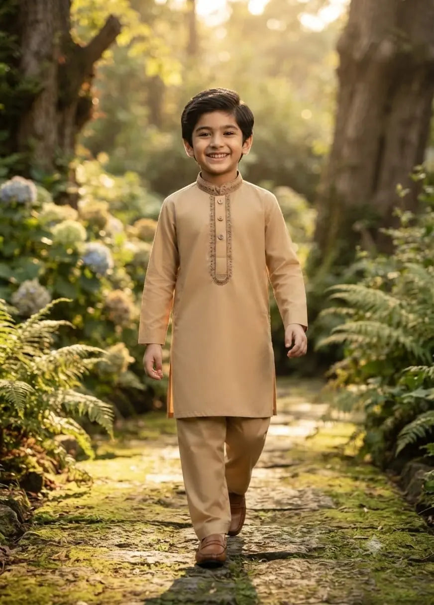 Boys Designer Embroidered Kurta Shalwar - Warm Peach | Boys (8 Years)