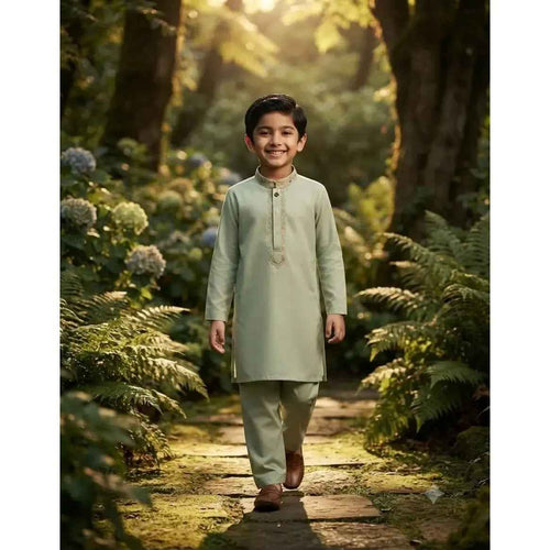 Boys Designer Embroidered Kurta Shalwar - Mint Light Green | Boys (8 Years)