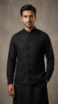 Midnight Black Festive Embroidered Waistcoat - Front View
