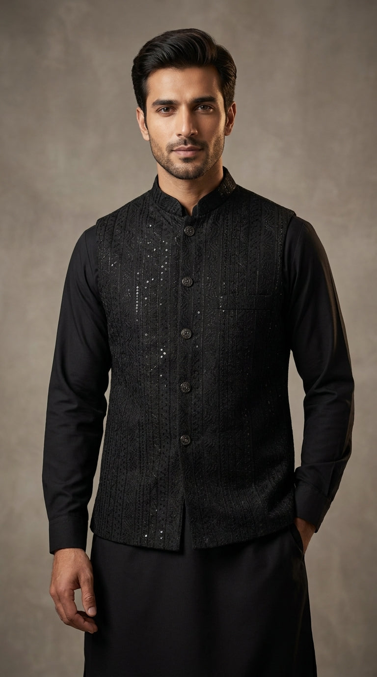 Midnight Black Festive Embroidered Waistcoat - Front View