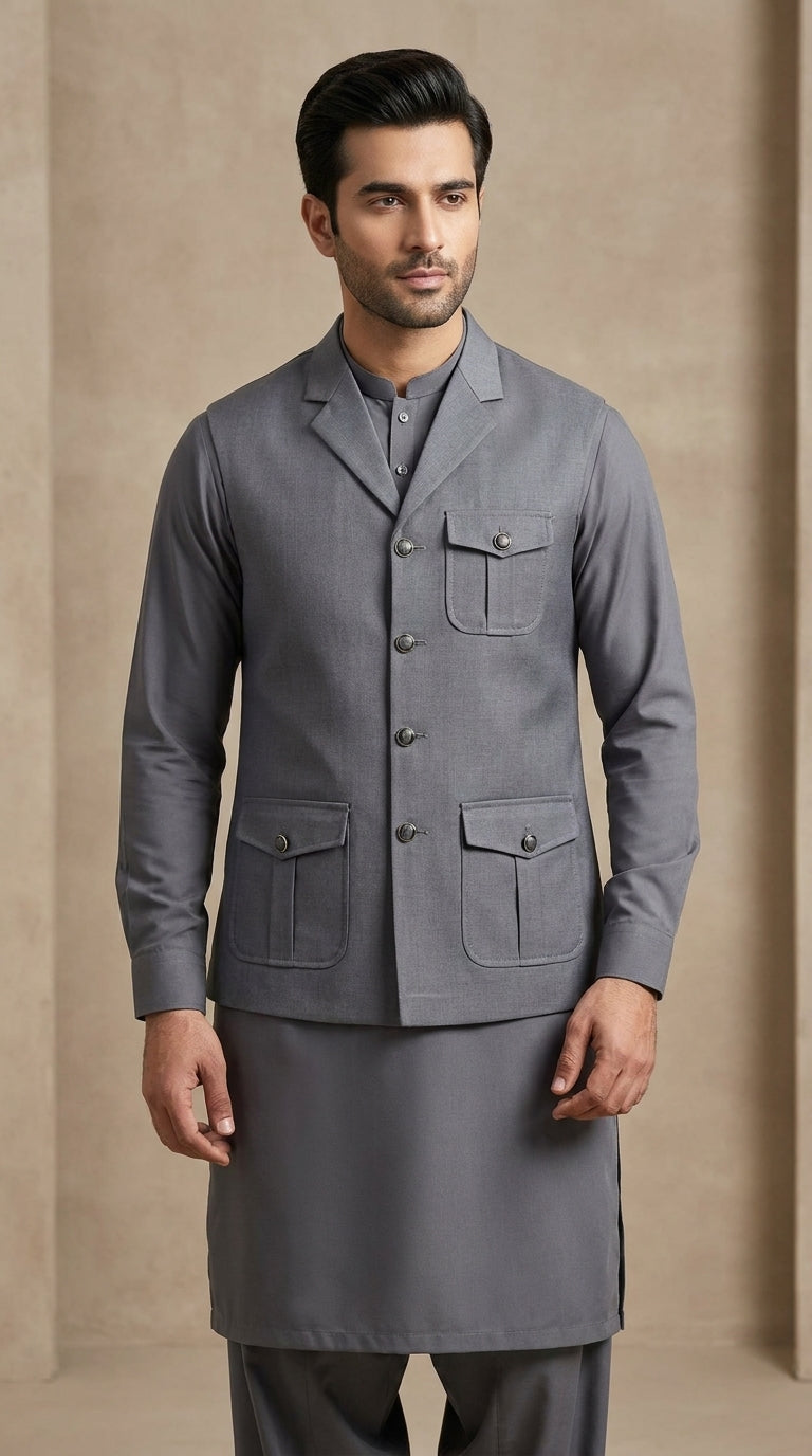 Charcoal Grey Executive Mandarin Waistcoat - Front View