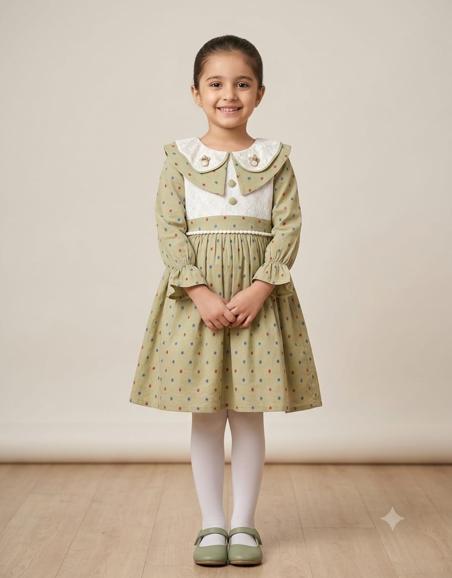 Olive Green Peter Pan Collar Frock by Eman Collection