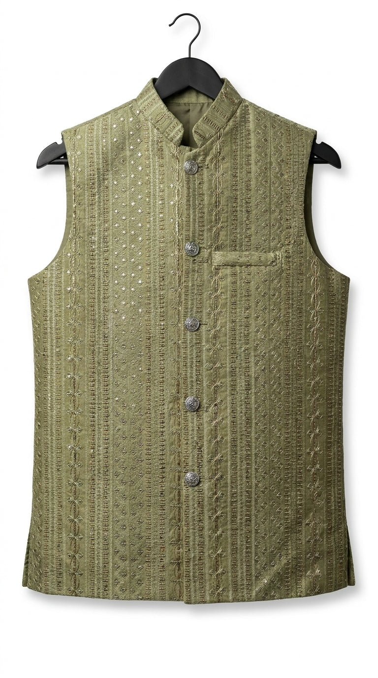 Ivory Sequin Embroidered Luxury Waistcoat - Front View