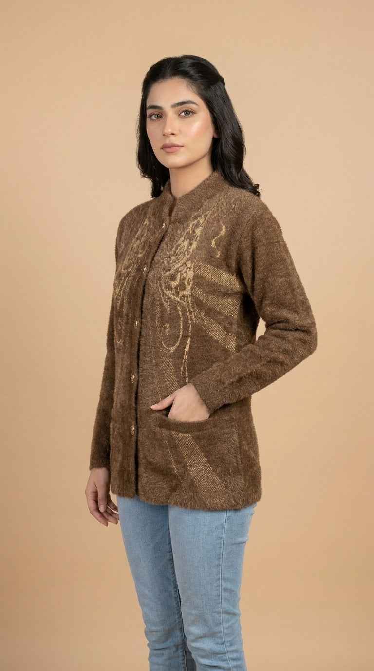 Golden Swirl Embroidered Warm Knit Cardigan - Mocha Brown