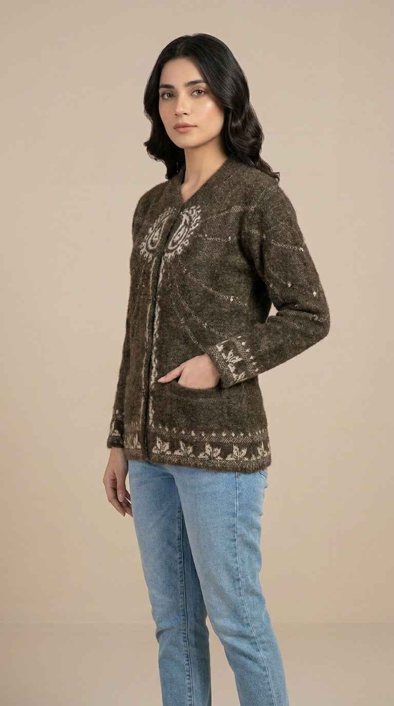 Vintage Paisley Embroidered Knit Cardigan - Olive Brown