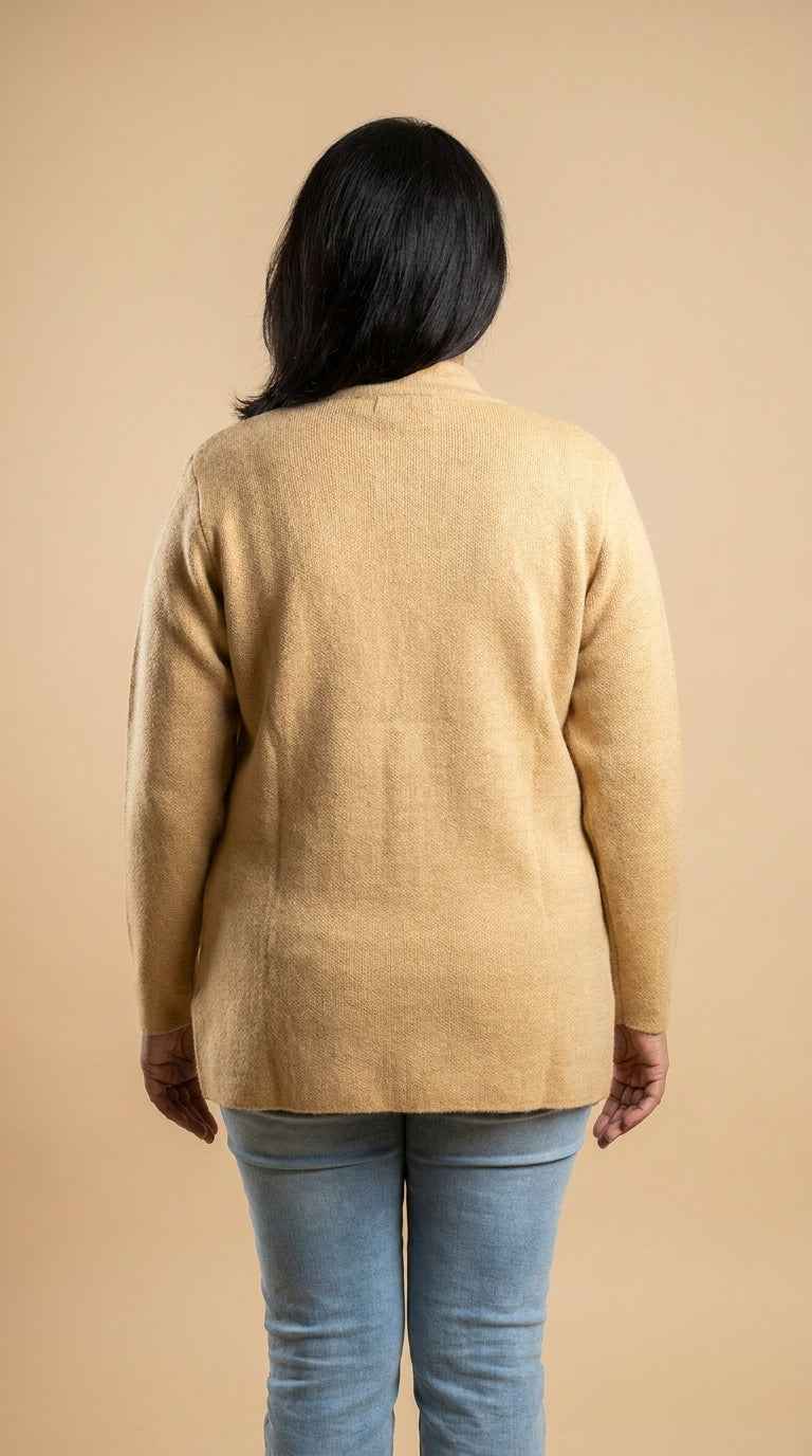 Elegant Floral Embroidered Crew Neck Cardigan - Warm Mustard Yellow