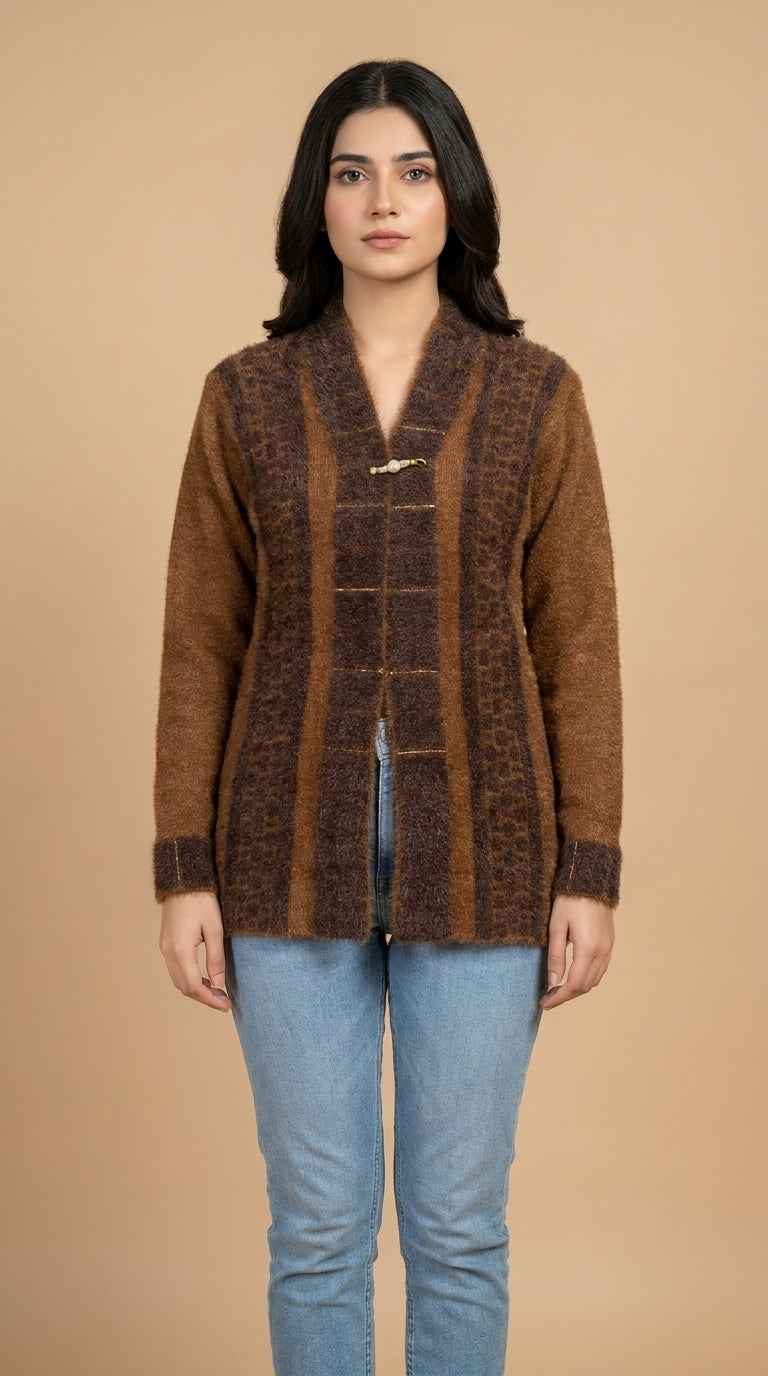 Animal Jacquard Panel Fuzzy Knit Cardigan - Warm Tan & Mocha