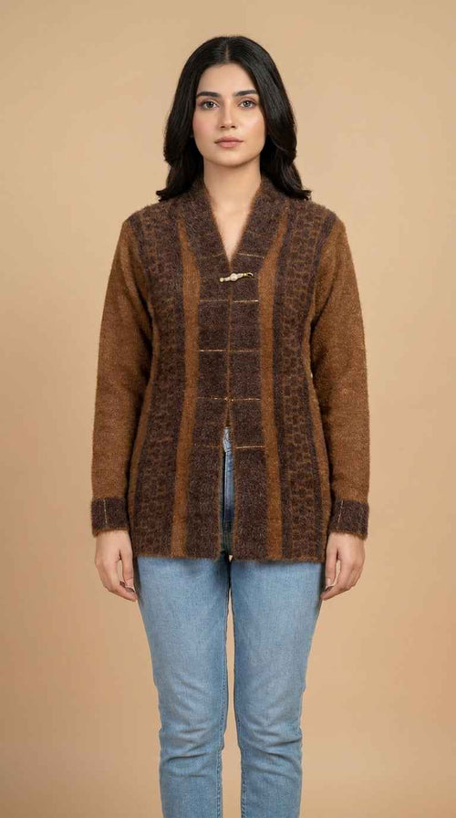 Animal Jacquard Panel Fuzzy Knit Cardigan - Warm Tan & Mocha