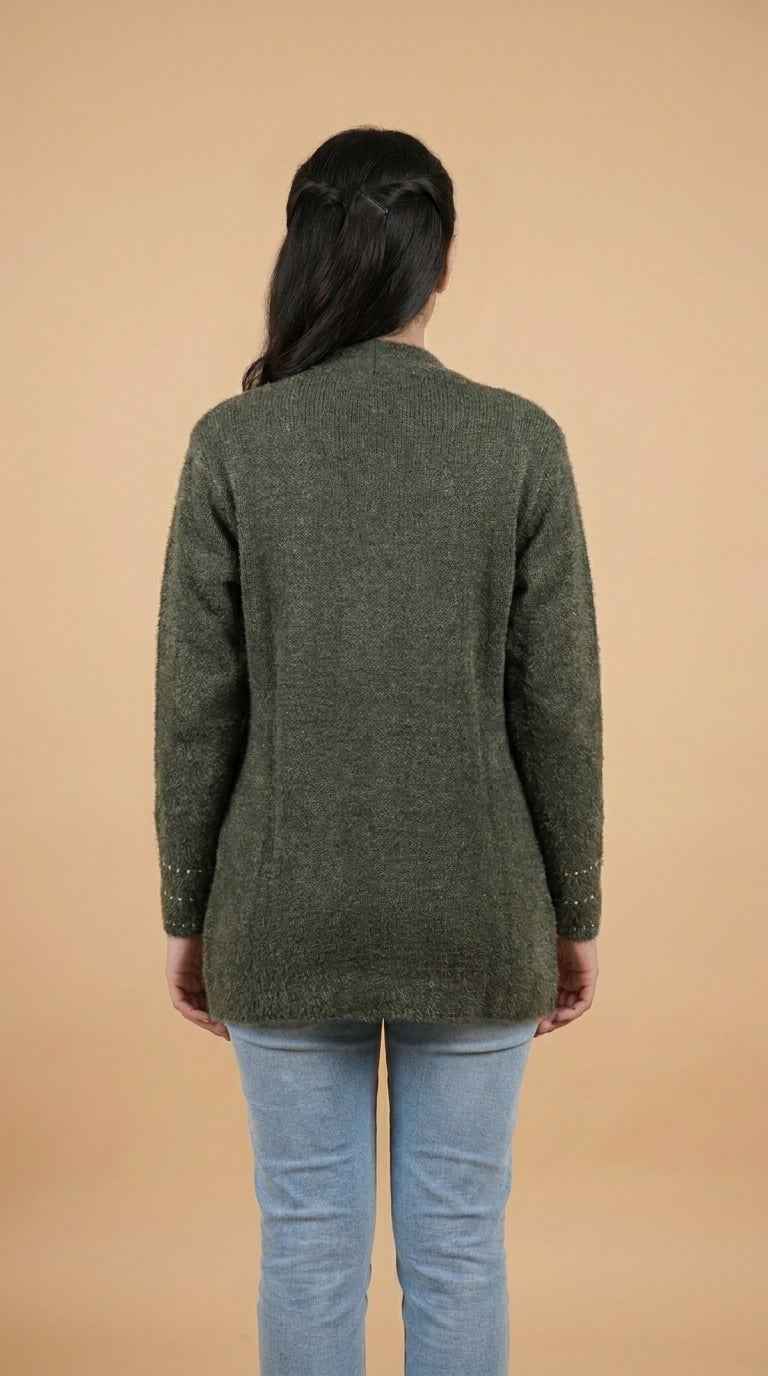 Plush Fuzzy Knit Longline Cardigan with Pearl Clasp - Sage Green