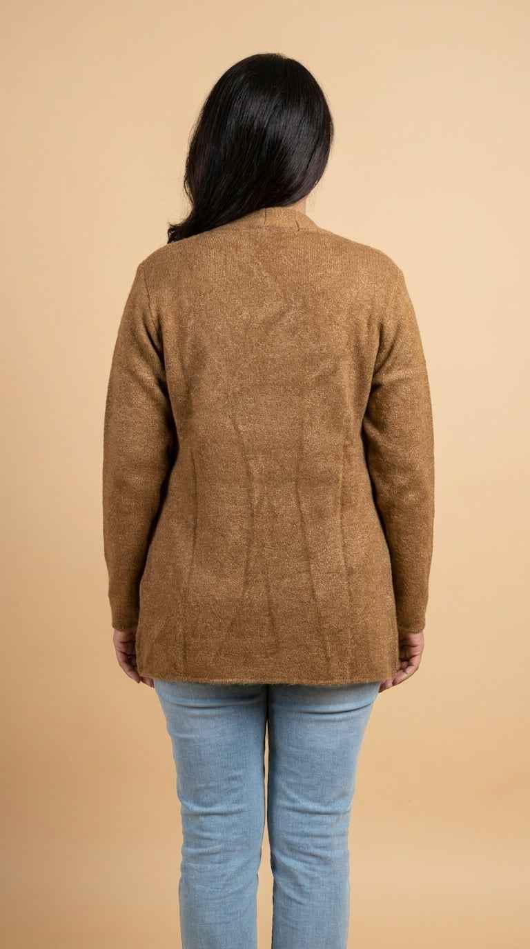 Diamond Textured V-Neck Cardigan with Flower Buttons - Camel Brown