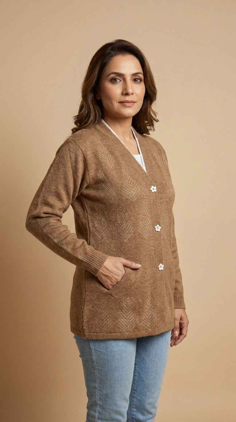 Diamond Textured V-Neck Cardigan with Flower Buttons - Camel Brown
