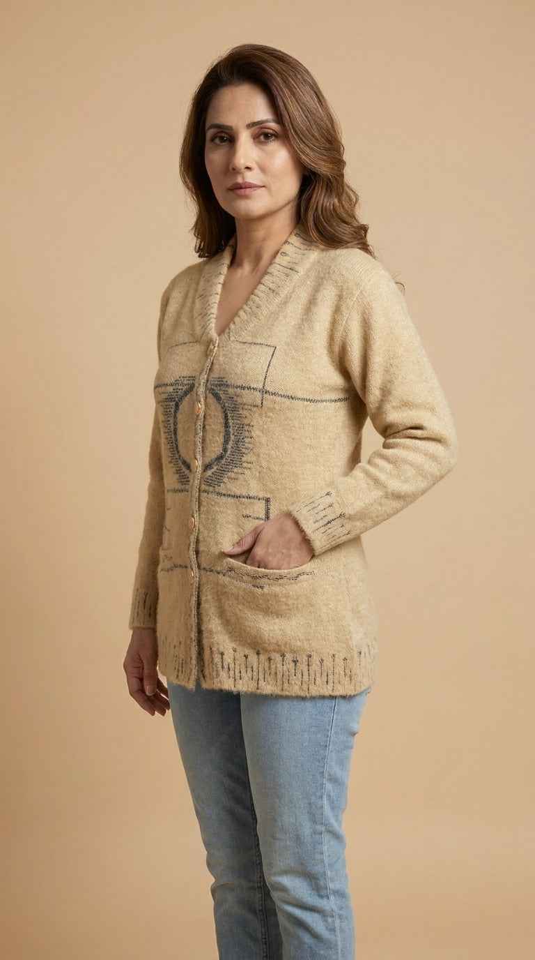 Contemporary Graphic Linear Knit Cardigan - Warm Beige