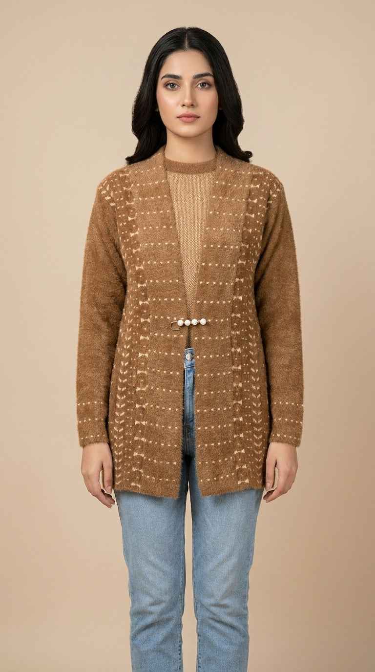 Plush Fuzzy Knit Longline Cardigan with Pearl Clasp - Toffee Brown