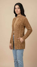 Plush Fuzzy Knit Longline Cardigan with Pearl Clasp - Toffee Brown