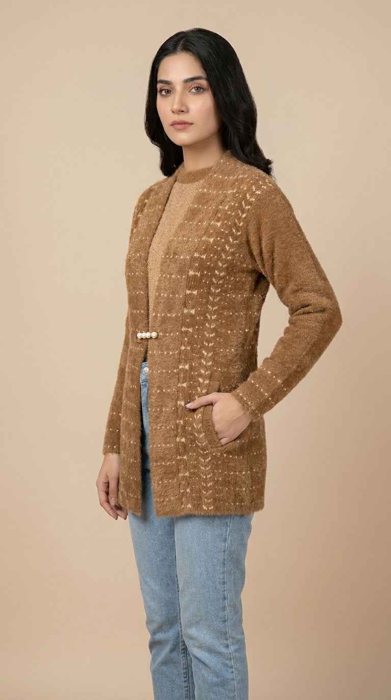Plush Fuzzy Knit Longline Cardigan with Pearl Clasp - Toffee Brown