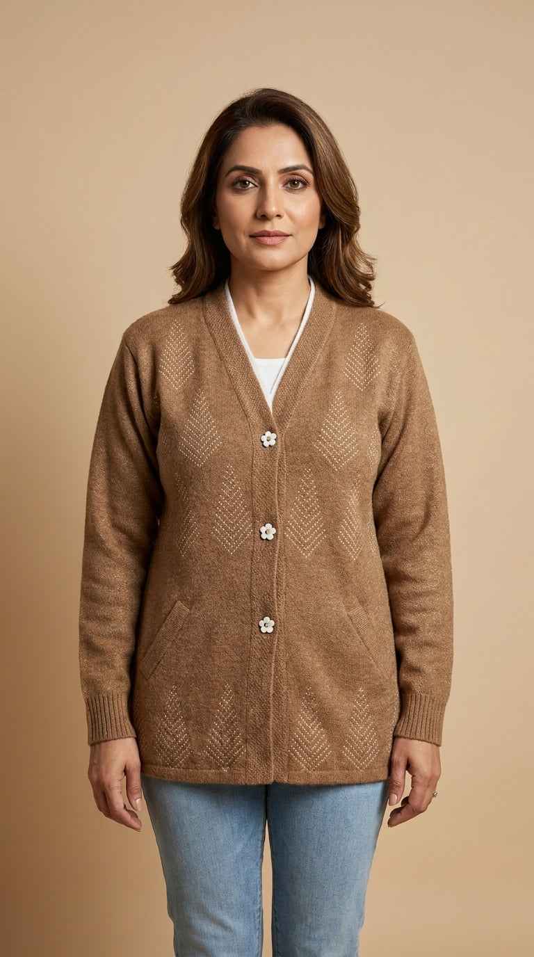 Diamond Textured V-Neck Cardigan with Flower Buttons - Camel Brown