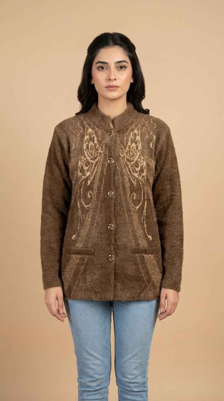 Golden Swirl Embroidered Warm Knit Cardigan - Mocha Brown