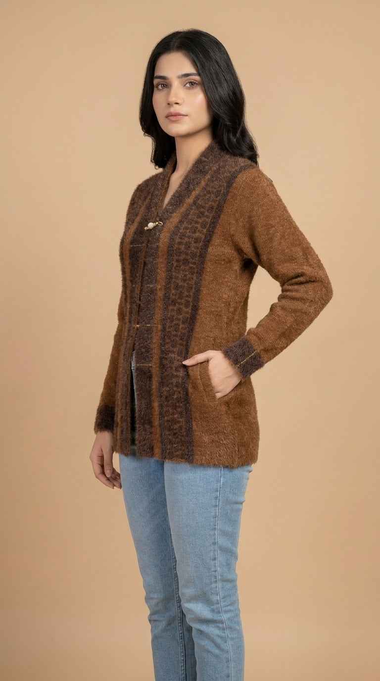 Animal Jacquard Panel Fuzzy Knit Cardigan - Warm Tan & Mocha