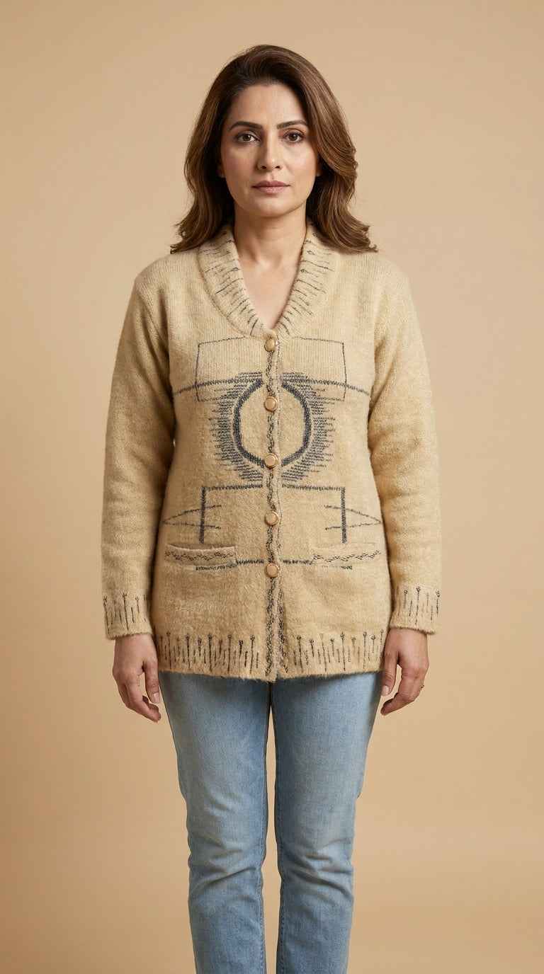 Contemporary Graphic Linear Knit Cardigan - Warm Beige