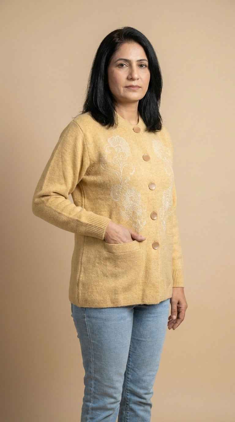 Elegant Floral Embroidered Crew Neck Cardigan - Warm Mustard Yellow