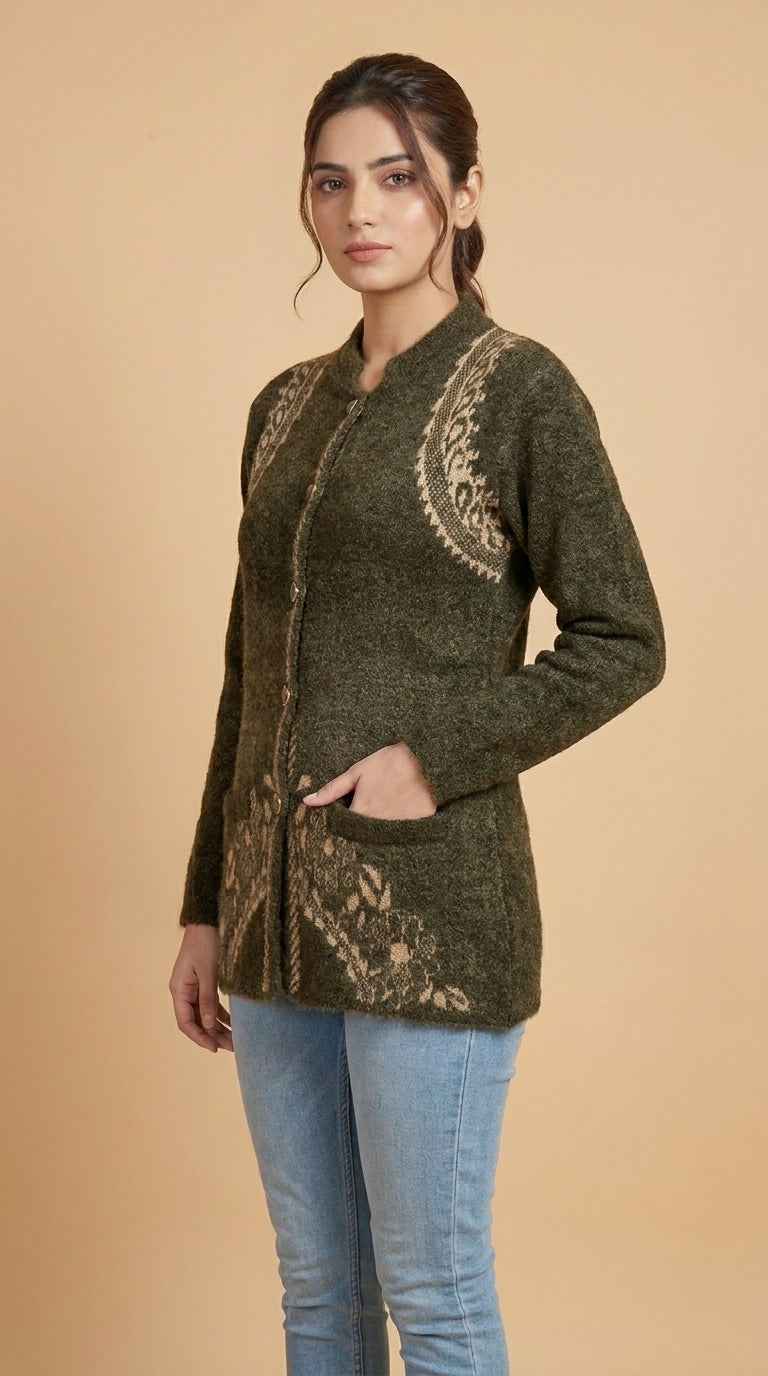 Royal Paisley Motif Heavy Knit Cardigan - Forest Green