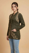 Royal Paisley Motif Heavy Knit Cardigan - Forest Green