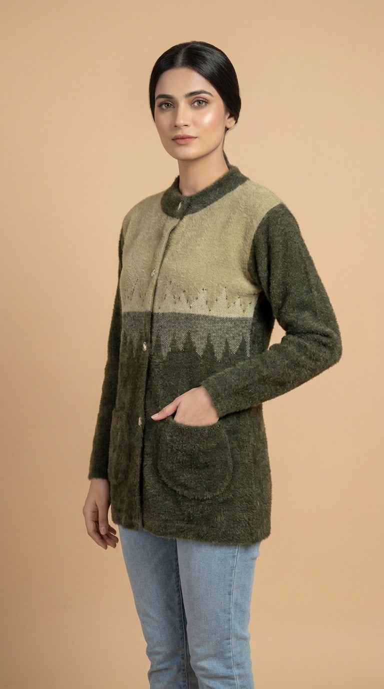 Two-Tone Ombré Chevron Knit Cardigan - Sage & Olive Green