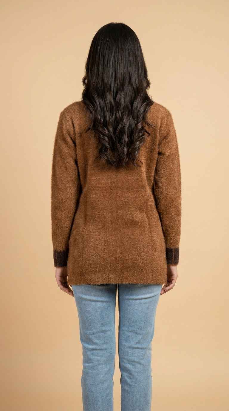 Animal Jacquard Panel Fuzzy Knit Cardigan - Warm Tan & Mocha
