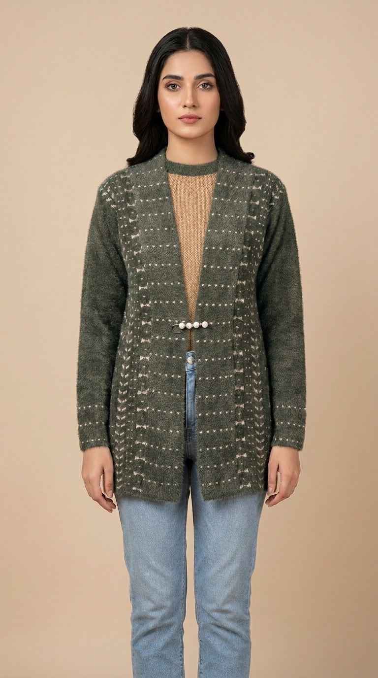 Plush Fuzzy Knit Longline Cardigan with Pearl Clasp - Sage Green